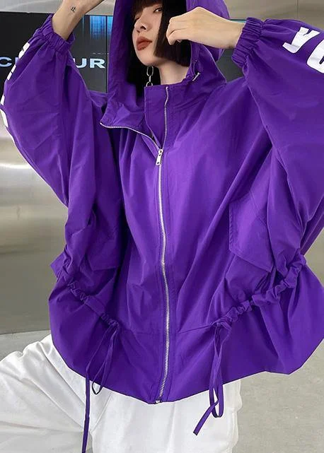 Comfortable And Versatile Unique Purple Cotton Letter zippered Hooded Coat Spring