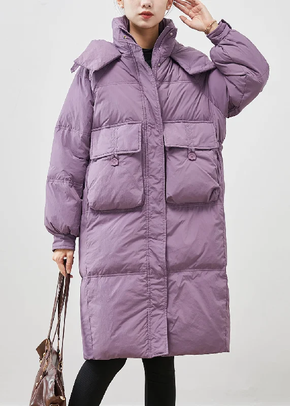 Simple Elegance Unique Purple Hooded Pockets Duck Down Puffers Jackets Winter