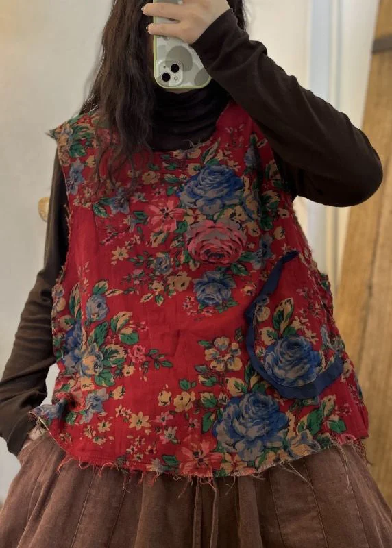 Cozy Essentials Unique Red O Neck Print Patchwork Cotton Waistcoat Sleeveless