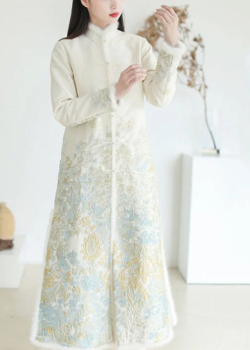 Urban Comfort Unique White Jacquard Patchwork Mink Hair Fine Cotton Filled Trench Coat Winter