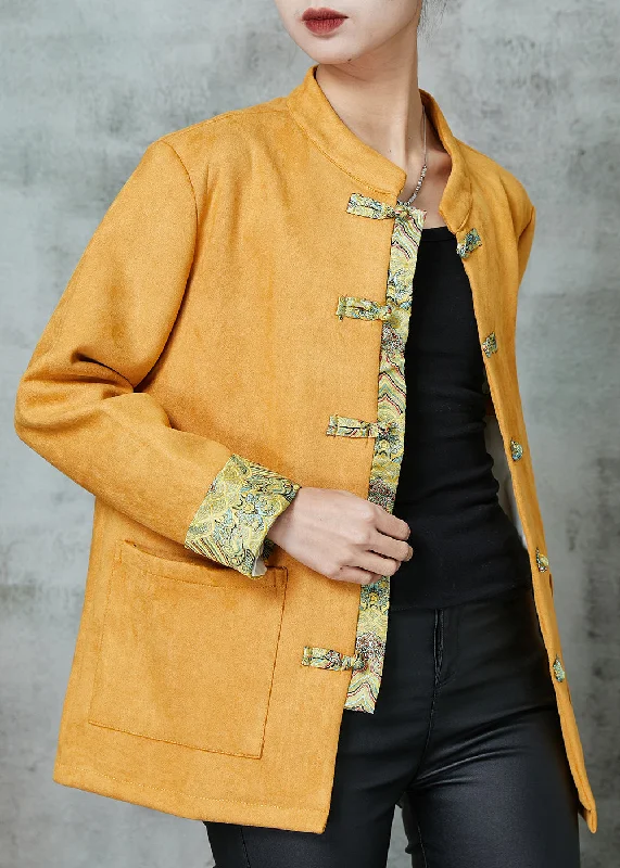 Effortless Style Unique Yellow Pockets Faux Suede Chinese Style Jackets Spring
