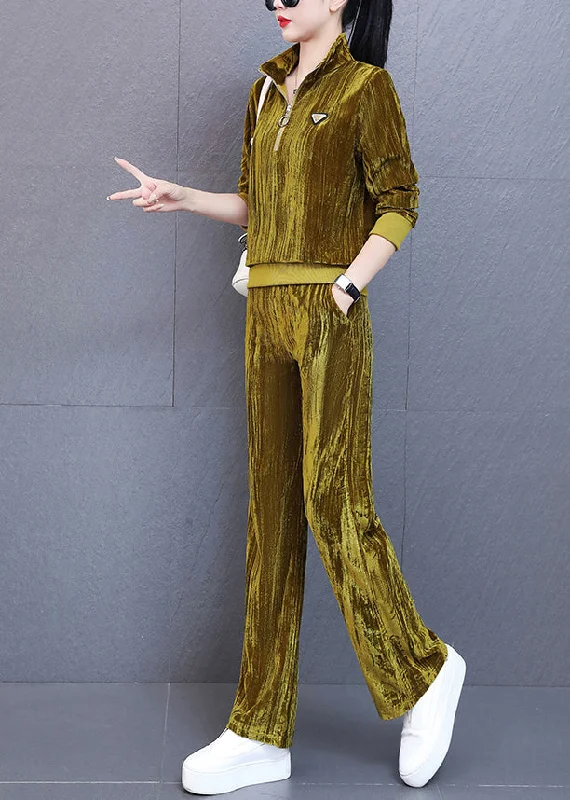Light Dressing Unique Yellow Stand Collar Silk Velour Coats And Wide Leg Pants Two Piece Set Fall