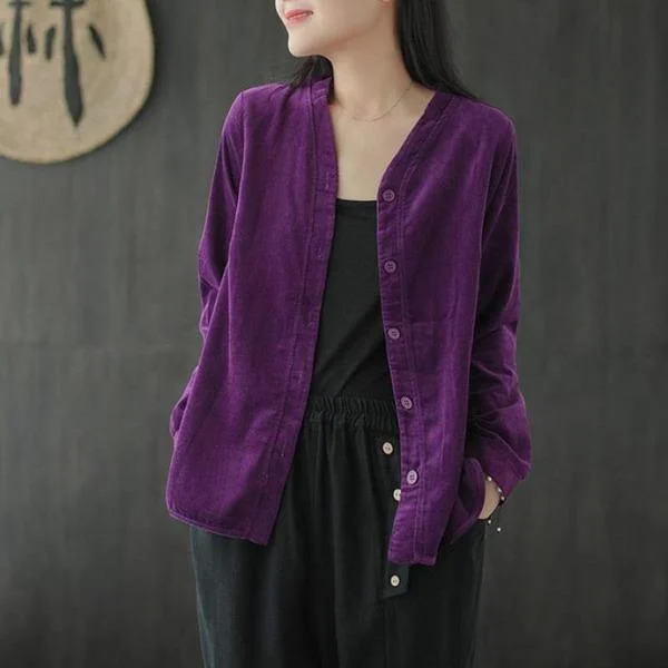 Unique Prints V-neck Single Breasted Long Sleeve Corduroy Coats Simple Comfortable All-match Women Coat Unique Prints V-neck Single Breasted Long Sleeve Corduroy Coats Simple Comfortable All-match Women Coat