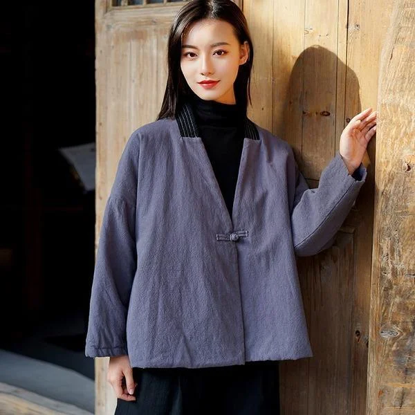 French Style V-neck Thick Coat Loose Retro Solid Color Long Sleeve All-match Coats