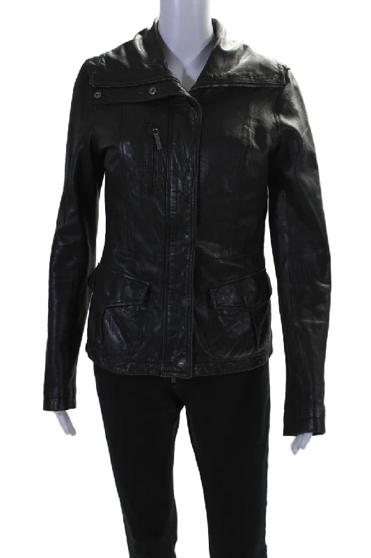 Personalized Clothing Vince Womens Leather Three Pocket High Neck Long Sleeve Zip Up Jacket