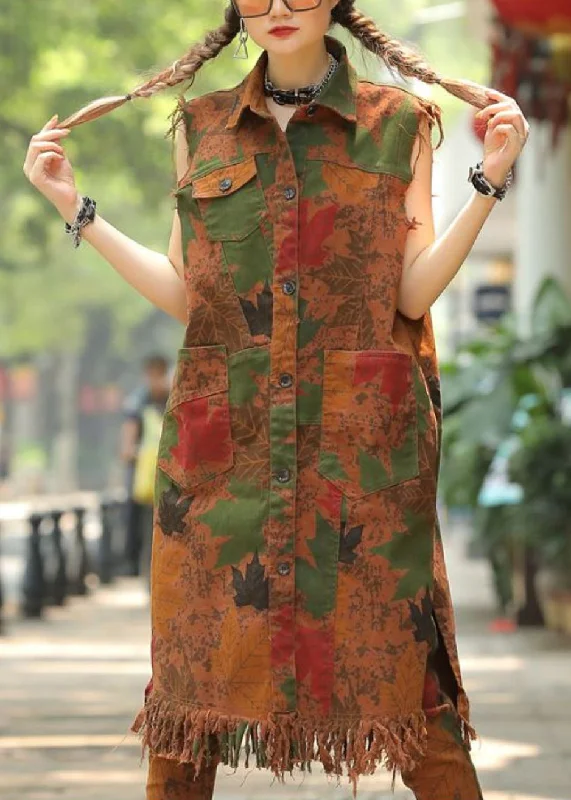 Exquisite Tailoring Vintage Army Green Peter Pan Collar Print Pockets Tassel Waistcoat Fall Exquisite Tailoring Vintage Army Green Peter Pan Collar Print Pockets Tassel Waistcoat Fall