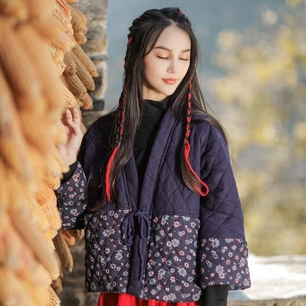 Lazy Home Vintage Belt Jackets Print Floral Patchwork V-Neck Seven Sleeve Coats