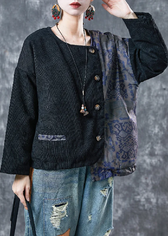 Comfy Chic Vintage Black Asymmetrical Patchwork Fine Cotton Filled Coats Winter
