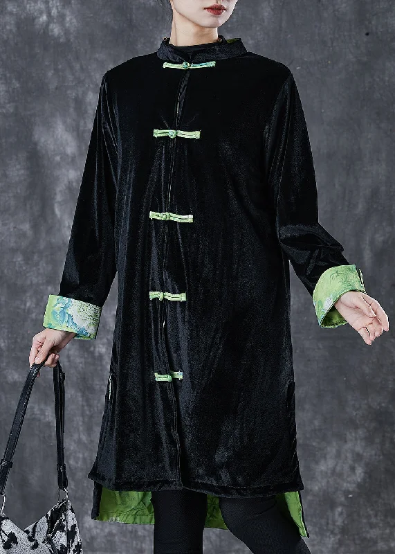 Modern Comfort Vintage Black Chinese Button Silk Velvet Coat Outwear Spring