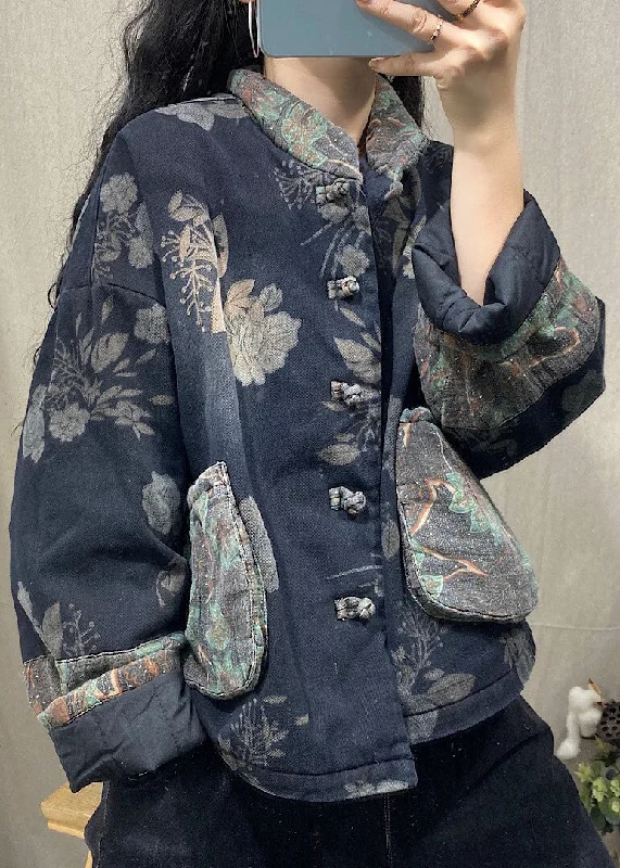 Modern City Vintage Black Mandarin Collar Print Fine Cotton Filled Witner Coat