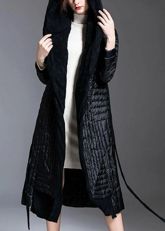 Fresh And Elegant Vintage Black Patchwork tie waist Winter Down Coat