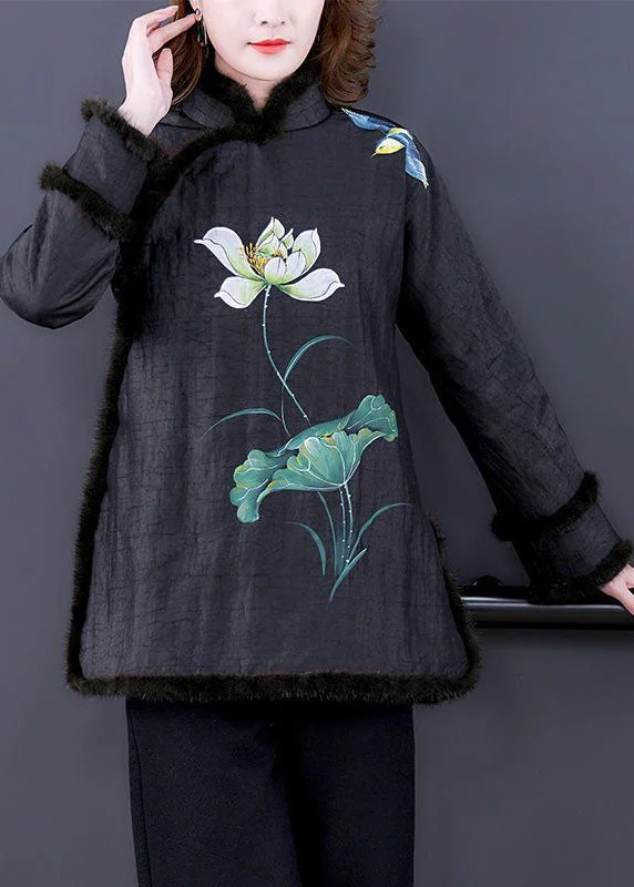 Tropical Style Vintage Black Print Fur Collar Fine Cotton Filled Warm Coats Winter Tropical Style Vintage Black Print Fur Collar Fine Cotton Filled Warm Coats Winter