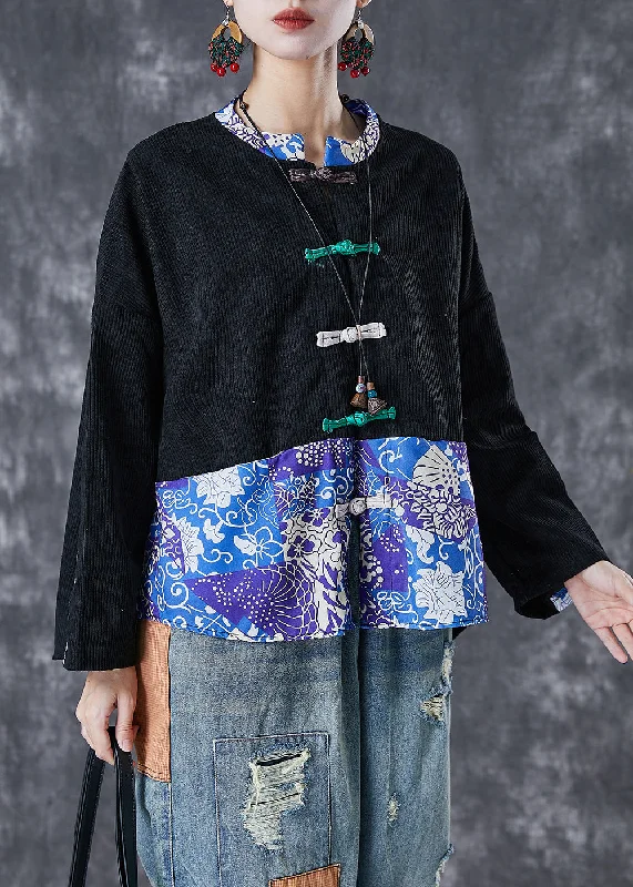 British Style Vintage Black Print Patchwork Print Corduroy Coats Fall