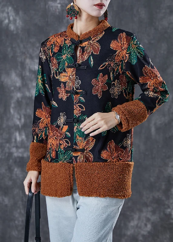 Slightly Flared Design Vintage Black Print Patchwork Warm Fleece Coats Winter