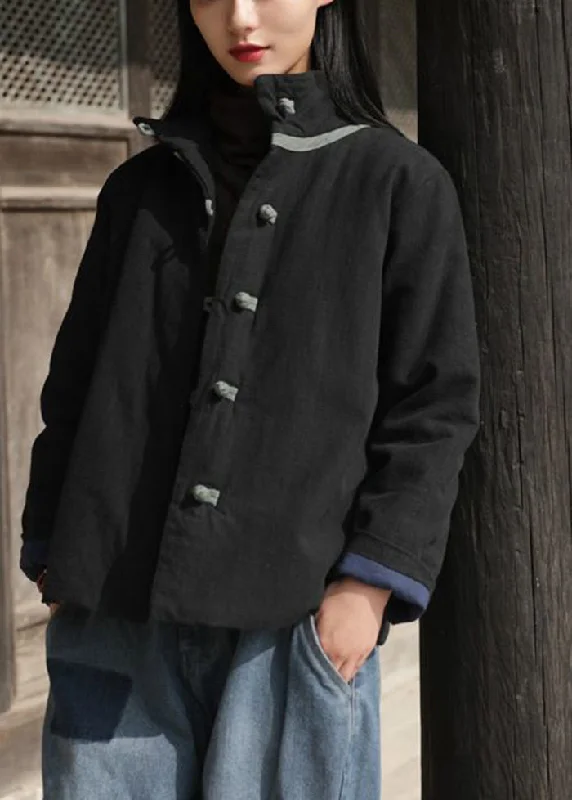 Simple Matching Vintage Black Stand Collar Chinese Button Fine Cotton Filled Coat Winter Simple Matching Vintage Black Stand Collar Chinese Button Fine Cotton Filled Coat Winter