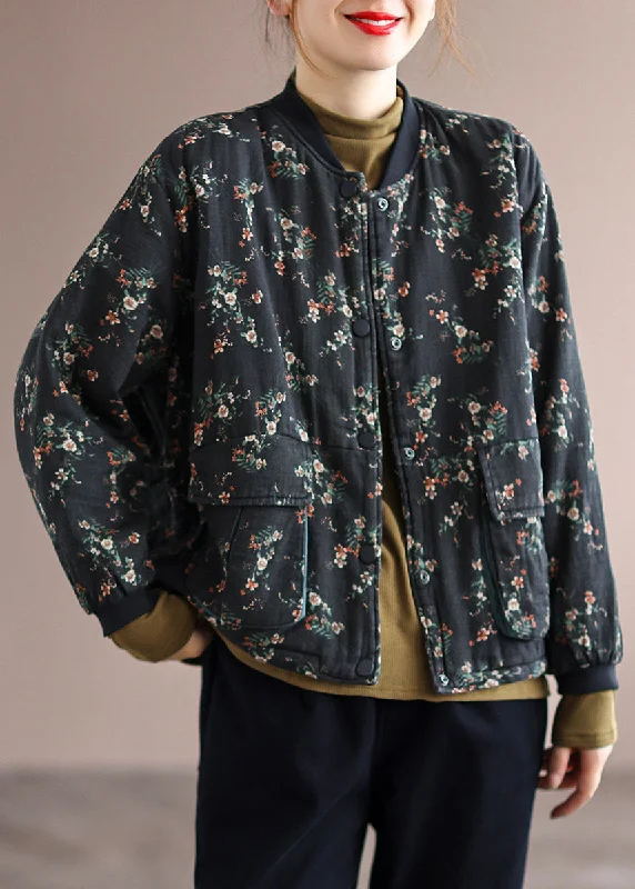 Minimal Classic Vintage Black Stand Collar Pockets Fine Cotton Filled Jacket Spring Minimal Classic Vintage Black Stand Collar Pockets Fine Cotton Filled Jacket Spring