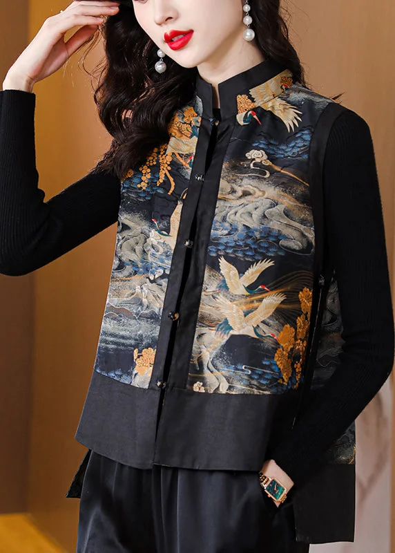 Elegant Design Vintage Black Stand Collar Print Button Velour Waistcoat Spring