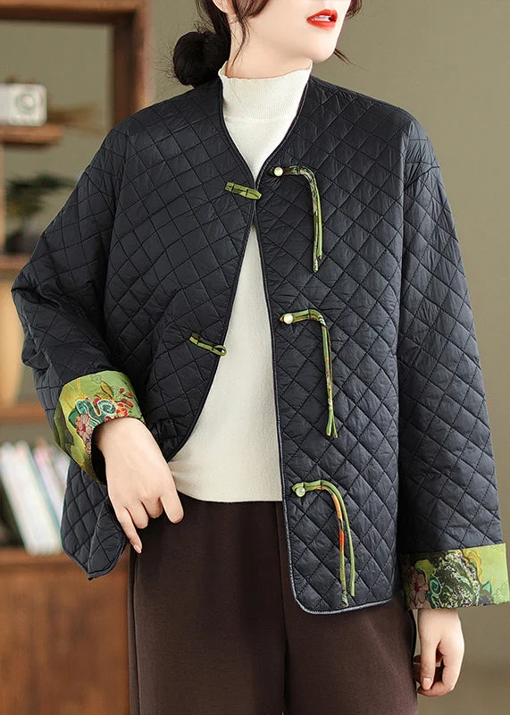 Light And Breathable Vintage Black Tasseled Button Patchwork Fine Cotton Filled Jackets Winter