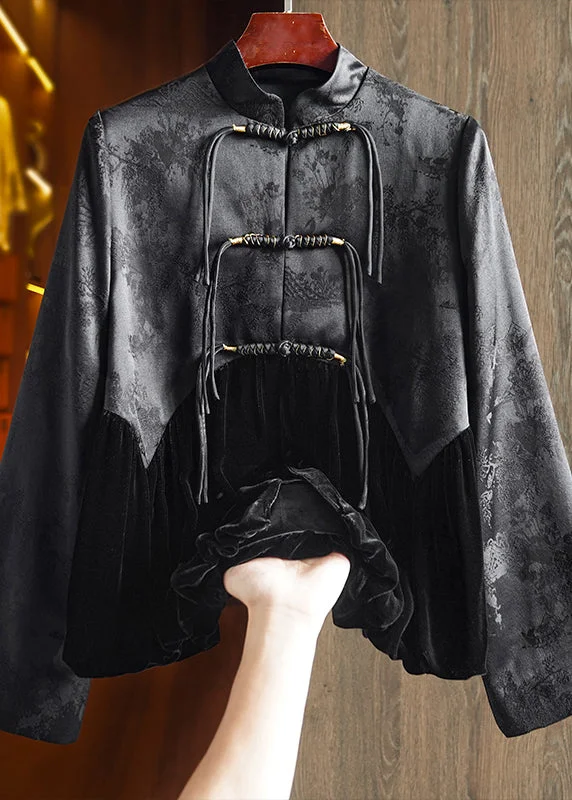 Fashion Must-have Vintage Black Tasseled Jacquard Patchwork Silk Velour Coat Fall