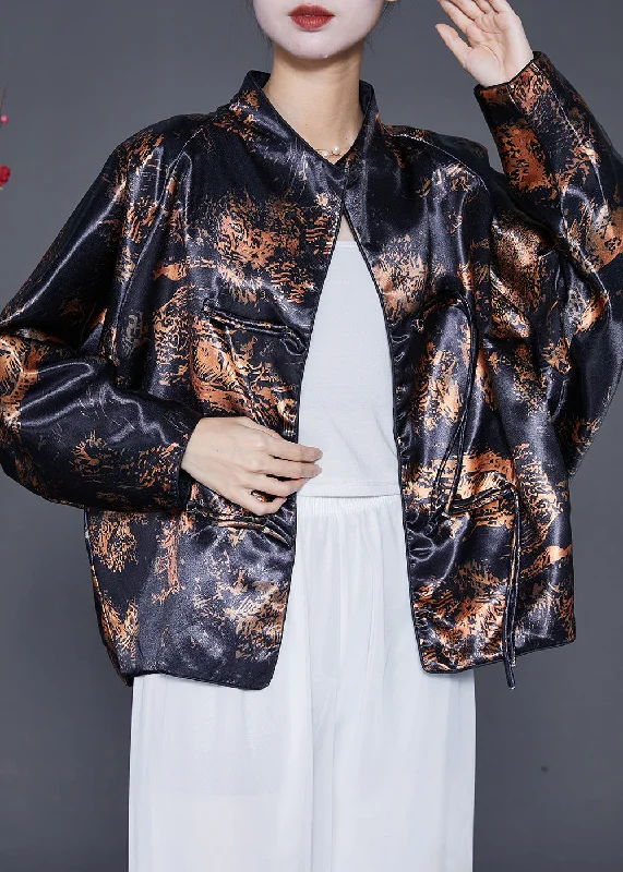 Feminine Charm Vintage Black Tasseled Print Cotton Coats Fall