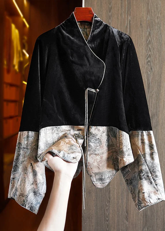 Trendy And Casual Vintage Black Tasseled Print Patchwork Silk Velour Coats Fall