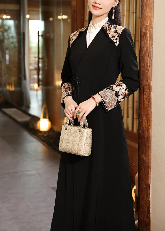Perfect Tailoring Vintage Black V Neck Embroideried Button Long Coats Fall