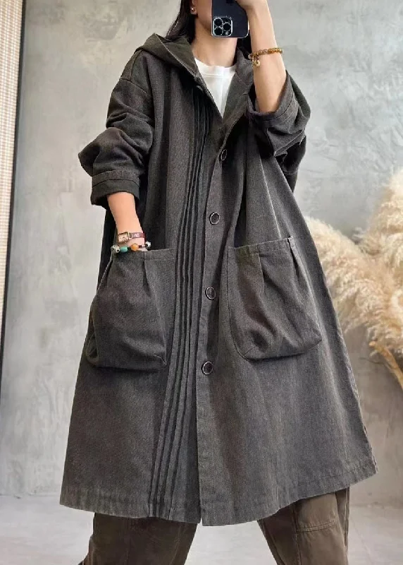 Classic And Versatile Vintage Black Wrinkled Button Hoodies Denim Trench Coats Fall