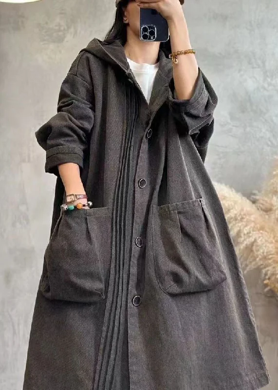 Youthful Street Fashion Vintage Black Wrinkled Patchwork Button Hooded Denim Trench Coats Long Sleeve Youthful Street Fashion Vintage Black Wrinkled Patchwork Button Hooded Denim Trench Coats Long Sleeve