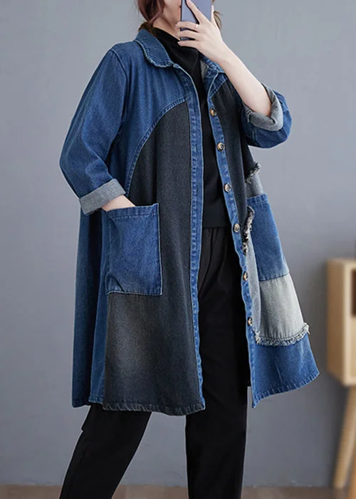 Short Design Vintage Blue Button Pockets Patchwork Denim Trench Coat Fall