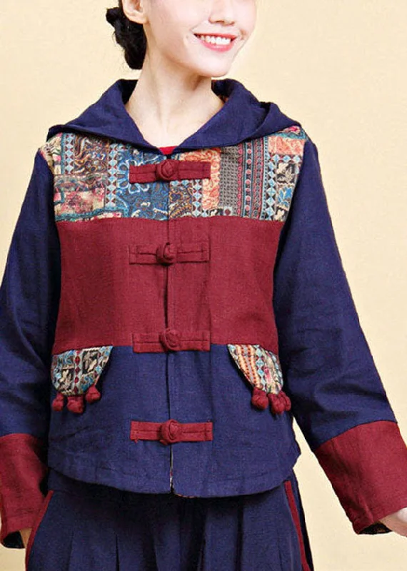 Fresh And Fashionable Vintage Blue Hooded Patchwork Oriental Button Linen Jacket Fall Fresh And Fashionable Vintage Blue Hooded Patchwork Oriental Button Linen Jacket Fall