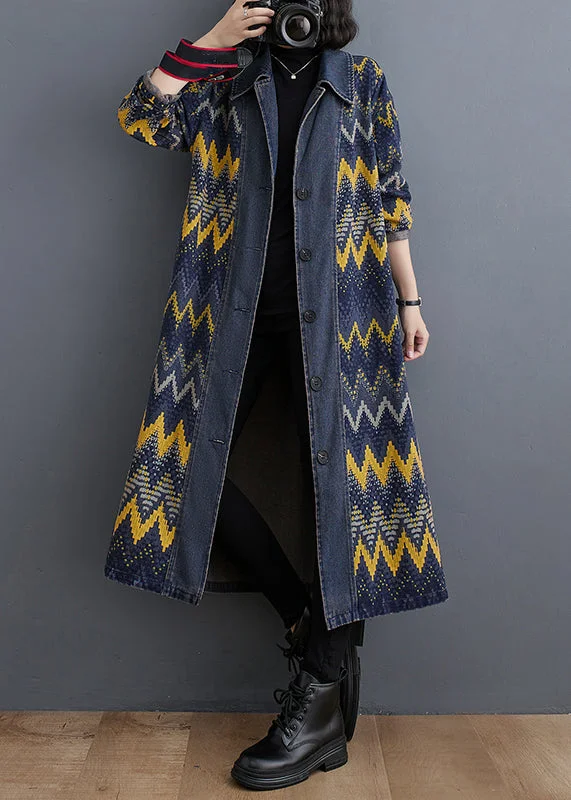 Noble And Elegant Vintage Blue Peter Pan Collar Print Button Denim Long Trench Coat Fall