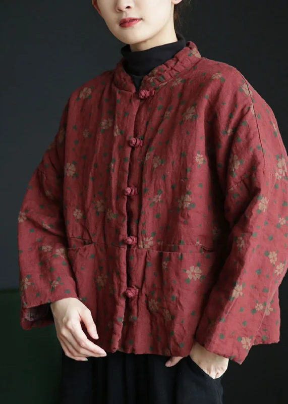 Fashion Innovation Vintage Brick Red Stand Collar Print Cotton Filled Jackets Winter Fashion Innovation Vintage Brick Red Stand Collar Print Cotton Filled Jackets Winter