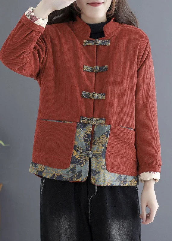 Modern Tailoring Vintage Brick Red Thick Fleece Wool Lined Corduroy Jackets Winter