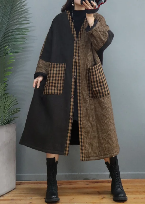 Classic Retro Vintage Coffee Plaid Pockets Patchwork Thick Long Coat Fall