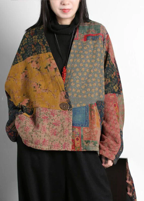 Floral Prints Vintage Colorblock V Neck Patchwork Print Fine Cotton Filled Coats Batwing Sleeve Floral Prints Vintage Colorblock V Neck Patchwork Print Fine Cotton Filled Coats Batwing Sleeve