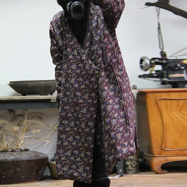 Fashion Pioneer Vintage Cotton Parkas Coats 2020 Spring New Loose Simple Print Color Belt Warm Cotton V-neck Long Coats Fashion Pioneer Vintage Cotton Parkas Coats 2020 Spring New Loose Simple Print Color Belt Warm Cotton V-neck Long Coats