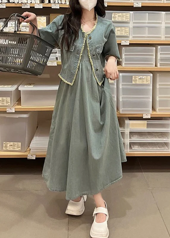 High-quality Styles Vintage Denim Blue O-Neck Patchwork Coats And Long Dress Two Piece Set Short Sleeve