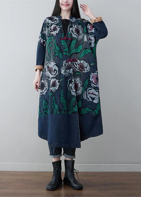 Elegant Wear Vintage Denim Blue V Neck Patchwork Print Cotton Coats Spring