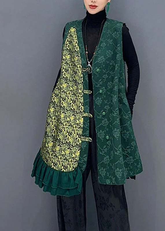 Comfortable And Cold-proof Vintage Green Asymmetrical Patchwork Button Waistcoat Fall Comfortable And Cold-proof Vintage Green Asymmetrical Patchwork Button Waistcoat Fall