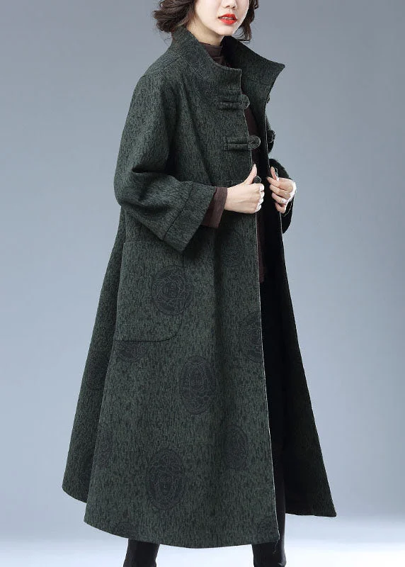 Unique Prints Vintage Green Chinese Button Print Pockets Patchwork Woolen Long Trench Coat Fall Unique Prints Vintage Green Chinese Button Print Pockets Patchwork Woolen Long Trench Coat Fall