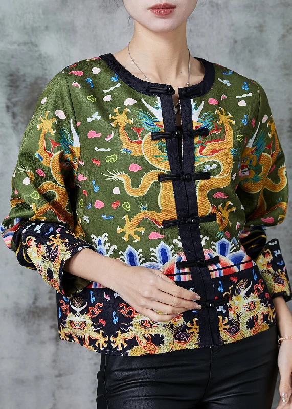 Carefree Style Vintage Green Embroidered Patchwork Silk Coat Spring