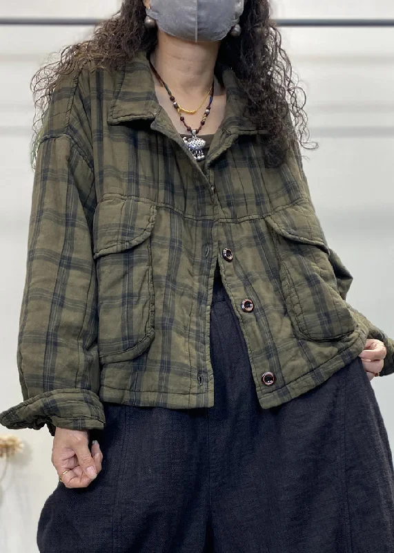 Embroidered Letters Vintage Green Plaid Button Patchwork Cotton Filled Coat Long Sleeve