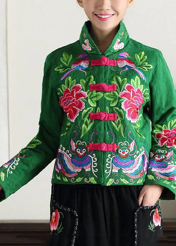 Comfortable And Simple Vintage Green Stand Collar Embroideried Cotton Jacket Fall