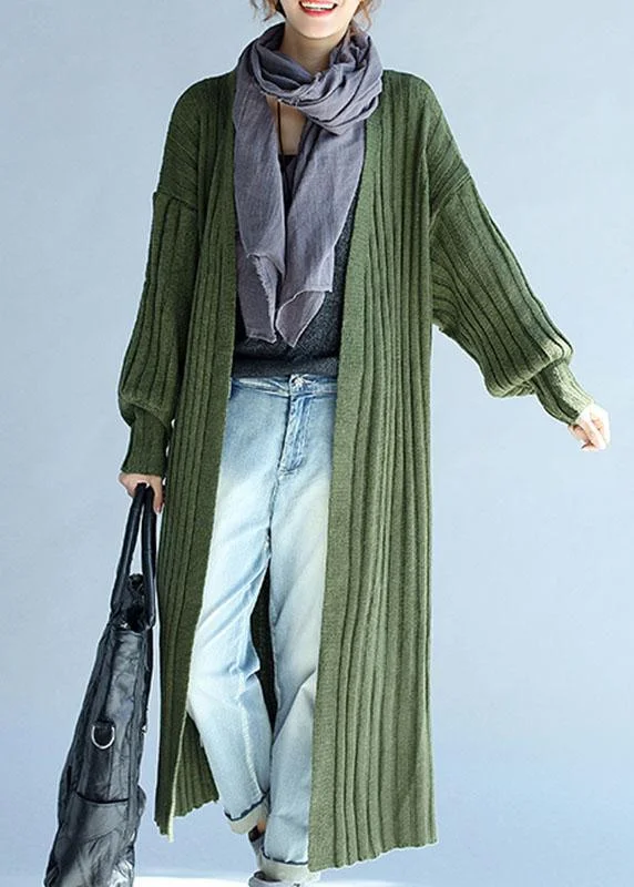 Loose Fit Vintage Green V Neck lantern sleeve Fall Knit Long sweaters Coat