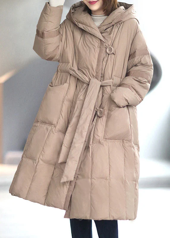 Design And Tailoring Vintage Khaki Button Pockets tie waist Winter Duck Down Coat