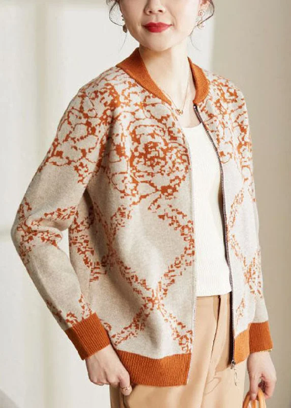 Sports Cool Vintage Orange O-Neck Embroideried Warm Woolen Coat Long Sleeve