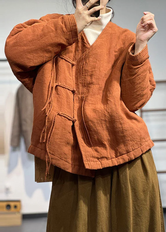 Ultra-lightweight Vintage Orange V Neck Solid Wrinkled Fine Cotton Filled Winter Coats