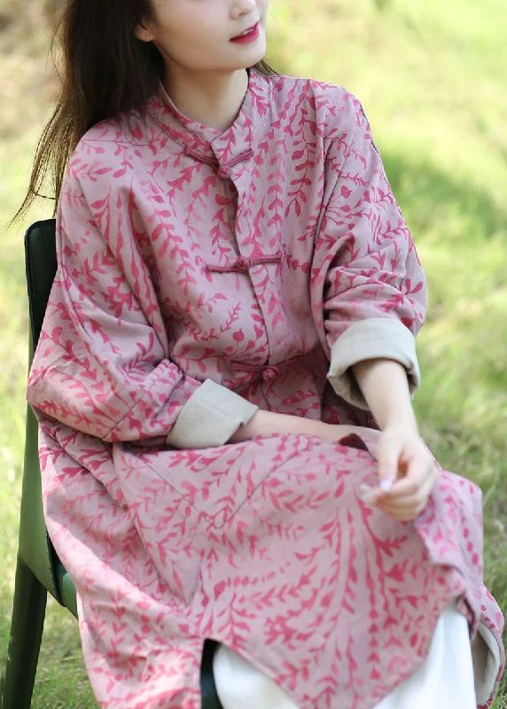 Elegant And Lazy Vintage Pink Batwing Sleeve Oriental Button Pockets Print Cotton Coat