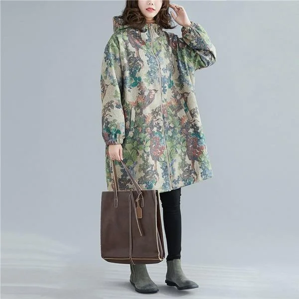 Unique Design Vintage Print Floral Parkas For Women Winter Coat Hooded Zipper Pockets
