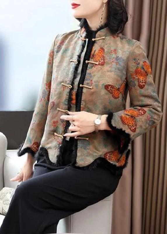 Single-shoulder Neck Design Vintage Rabbit Hair Collar Print Fine Cotton Filled Jackets Winter